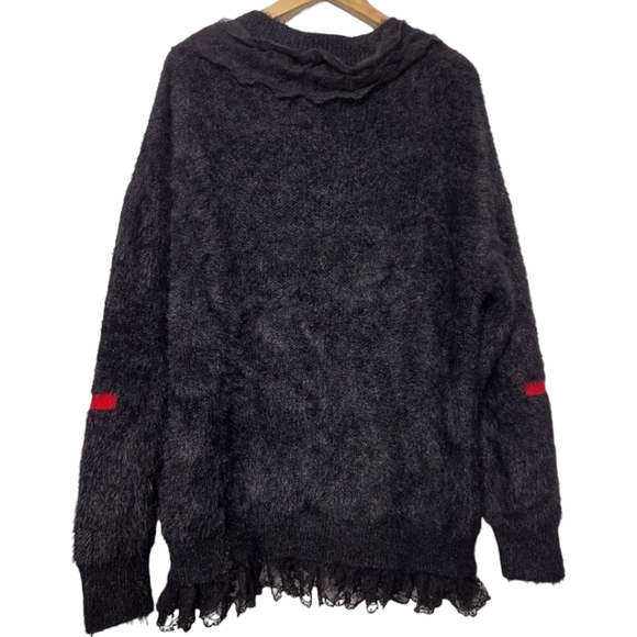 Goth Black Oversized Eyelash Knit Lace Edge Cardigan with Red Hollow Heart - Picture 6 of 8